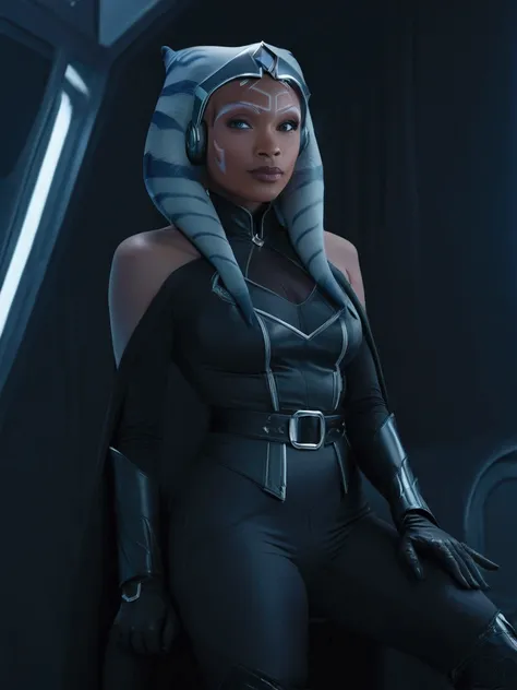 aahsoka and ((￼ silver eyes)) sits confidently on a modern-looking chair. she is dressed in a black (latex) military (latex unif...