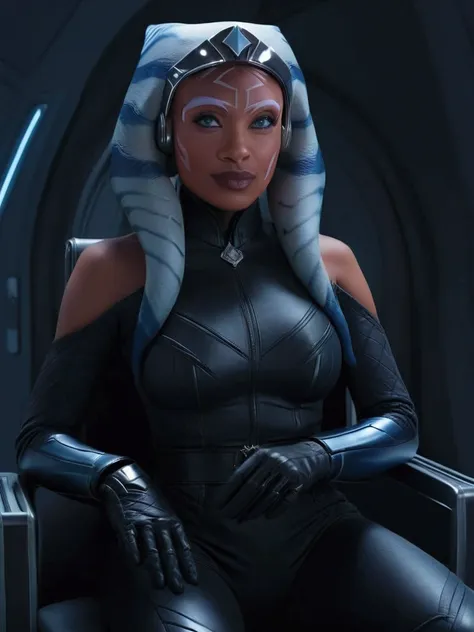 aahsoka and ((￼ silver eyes)) sits confidently on a modern-looking chair. she is dressed in a black (latex) military (latex unif...