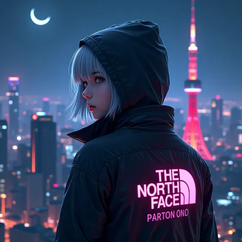  with the night view of the big city in the background 、Under the night sky where the crescent moon shines 、 faithfully reproduce hair one by one 、Real、 back 。 the character has silver hair up to the shoulders 、I have a hood on my head。 and the hood that t...