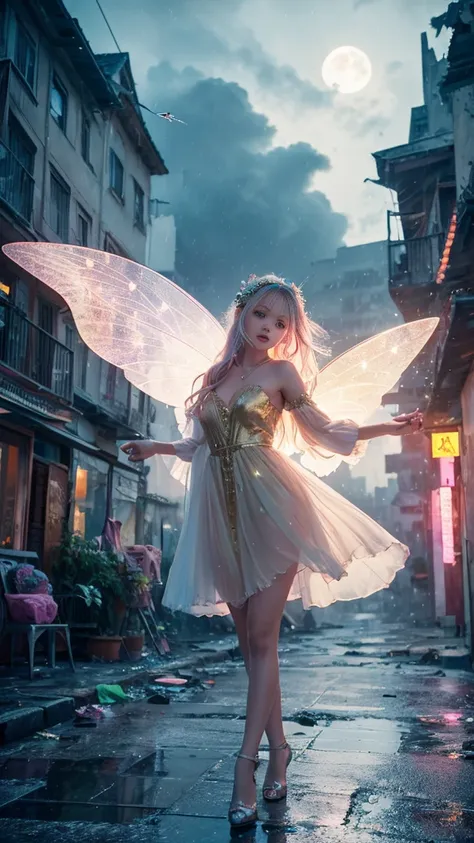 Photo style.A colorful small fairy flies through a monochrome world.A future abandoned glass city in the light rain.Ruins of a residential area.Thick clouds hang over the moon.A soft light in the darkness.Pale light and shadows decorating the city. A gap i...