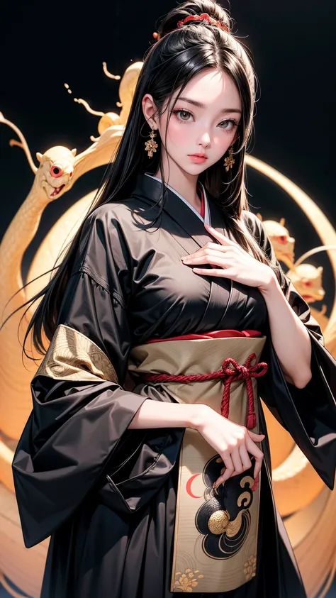 Wearing a traditional Japanese black outfit, Oriental, snakes, circle frame, Golden Ratio, Animation details, Beautifully, QuixelMegascans Trends, Perfect image, Ultra-high resolution, perfect composition, detailed, Super color, (High Detail Skin: 1.2), 8k...