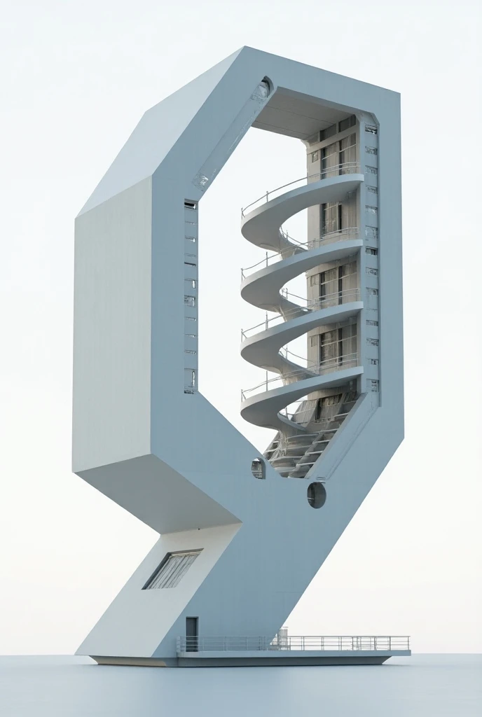 Hexagonal building with helical ramp in the middle inside cut in half architecture with windows drawn 
