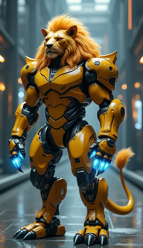 "A hybrid creature combining a lion and a robot. The body is muscular like a lion, covered in golden fur with integrated metallic plating on its legs, back, and chest. The claws are mechanical with sharp, gleaming metal, glowing with blue energy. The lions...