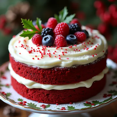 Red velvet cake ,A festive Christmas cake topped with fresh berries, and cream, beautifully decorated for the holidays