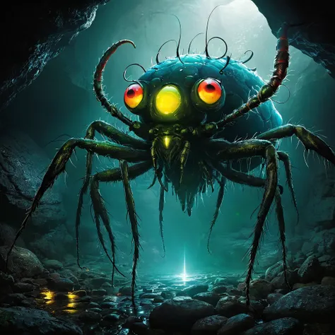  Kingdom of Subterranean Organisms ,  World Shrouded in Darkness、 Giant Subterranean Organisms 、Glowing Eyes、 Insect-like Antennae 、Damp Rock Surface 