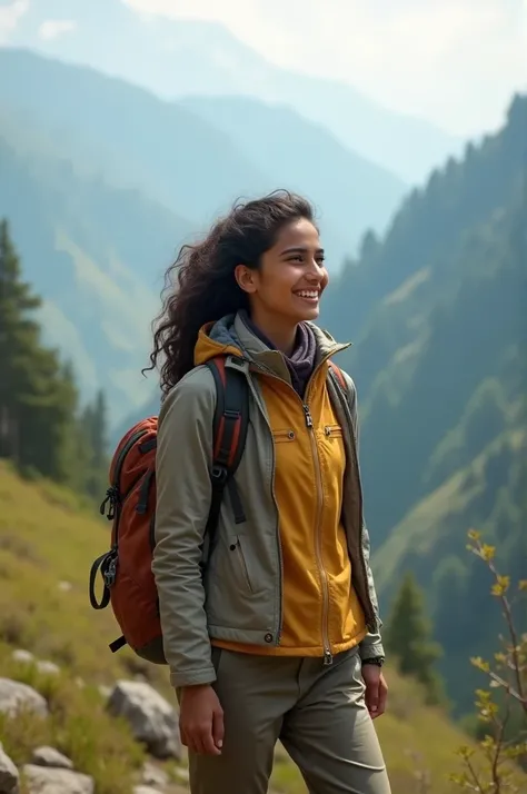 "A beautiful 23-year-old Indian girl hiking in the hills of Himachal Pradesh, wearing a light jacket and trekking pants, her face glowing with excitement as she takes in the scenic view."