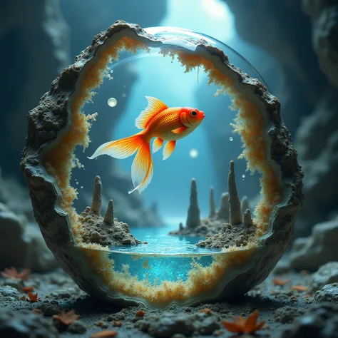 A world within a beautiful glass goldfish, the glass goldfish plummets off an underground cliff to plunge into the frigid waters of an ancient underground lake, entire scene is captured in a cracked open geode 