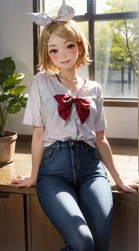 white shirt and jeans, Kagamine Rin, indoors, solo, white shirt, window, smile, looking at viewer, hair ornament, blush, bow, plant, hairclip, short sleeves barefoot