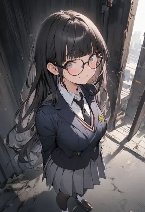 1 girls, long hair, blunt bangs, school uniform, black necktie, blazer, sweater vest, gray skirt, black pantyhose, long socks, shoes, standing, full body, potrait, looking at viewers, smile, glasses