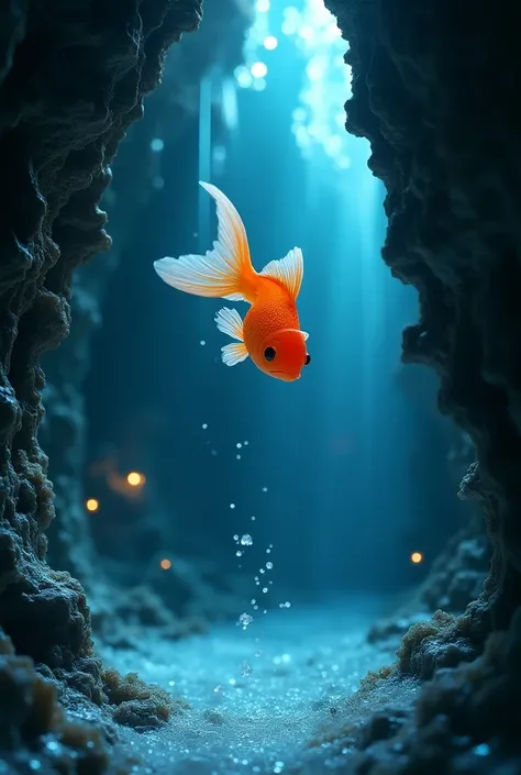 a beautiful glass goldfish, glass goldfish plummeting off underground cliff, plunging into frigid waters of ancient underground lake, entire scene in cracked open geode, hyperdetailed, photorealistic, 8k, high quality, masterpiece, stunning lighting, vibra...