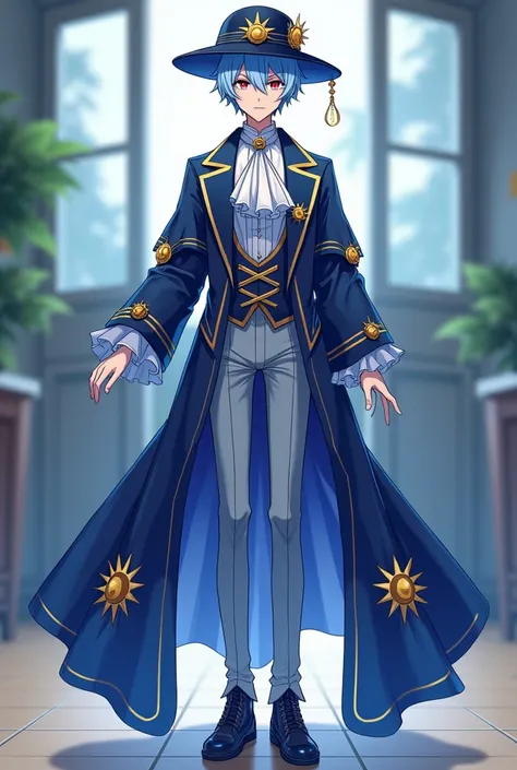 A quiet anime young man in high school with sharp pink eyes represents short light blue hair , Fair skin and wearing all the fantasy blue, yellow and white clothes are the luxury of Idol, which consists of a long waist tuxedo jacket with short sleeves in t...