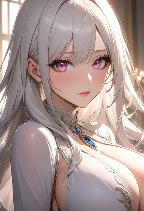 (( best quality)), (( Masterpiece )), ( Details), Young woman, ( big breasts, White hair, Pink eyes, ((Long hair,Straight hair)) , curve, large chest, huge breasts , Super  big breasts, Beautiful face,  Beautiful skin , Long eyelashes) , milf,Diffuse light...