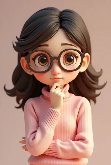 3D girl  ,  with eyeglasses ,  brown eyes ,  in pink clothes  