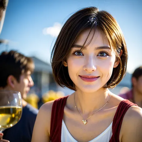 ((White Wine)),((Wine Glasses)),(Realistic, 超Realistic:1.4), 16K HDR,  High Resolution ,((White Wine)),((Wine Glasses)),Happy smile、short hair,The best smile、Japanese actress,so beautiful(It looks like the real thing),dress、Slim couple、Model Couple、(Realis...