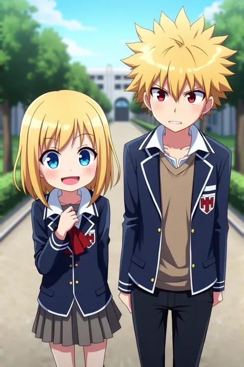 Boku no Hero Academia, a blonde girl with blue eyes, wearing a UA uniform standing side by side a blonde guy with red eyes, hes wearing a UA uniform too. She s happy and he is angry