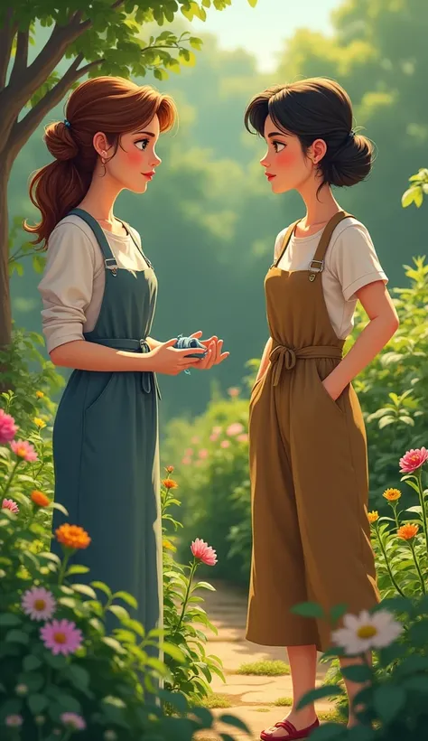 Lila, a modest, kind-faced woman dressed in a simple outfit, gestures towards the plants, offering advice. She is holding gardening shears or a watering can, explaining that the garden requires daily care. Elena listens but stands proud and unsure, not ful...