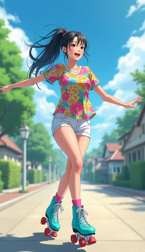 The scene described captures a vibrant outdoor moment filled with energy and joy.
Photo Details
Subject: A beautiful Japanese woman with long, straight black hair styled in a ponytail, showcasing an attractive figure.
Activity: She is roller skating energe...