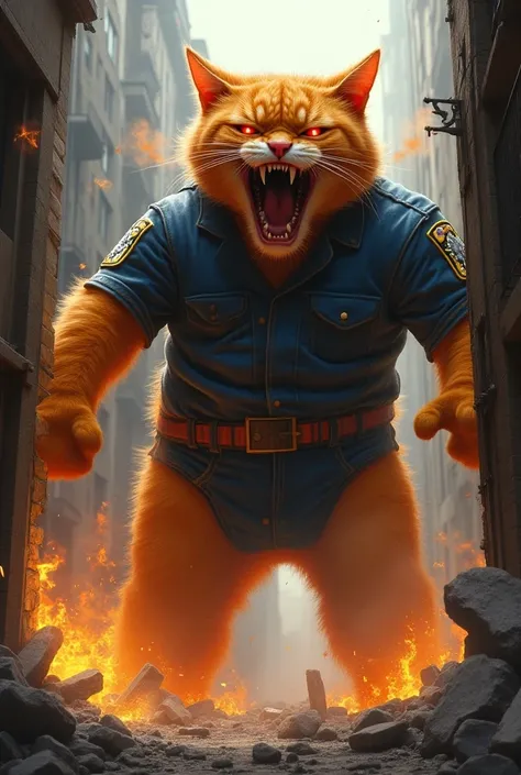 AI big and tall orange cat whose abs were also shown and having some devil expressions on his face and laughing like devil and coming out of his house by breaking the door and and cosing lot of distraction by breaking the buildings of the city and from his...