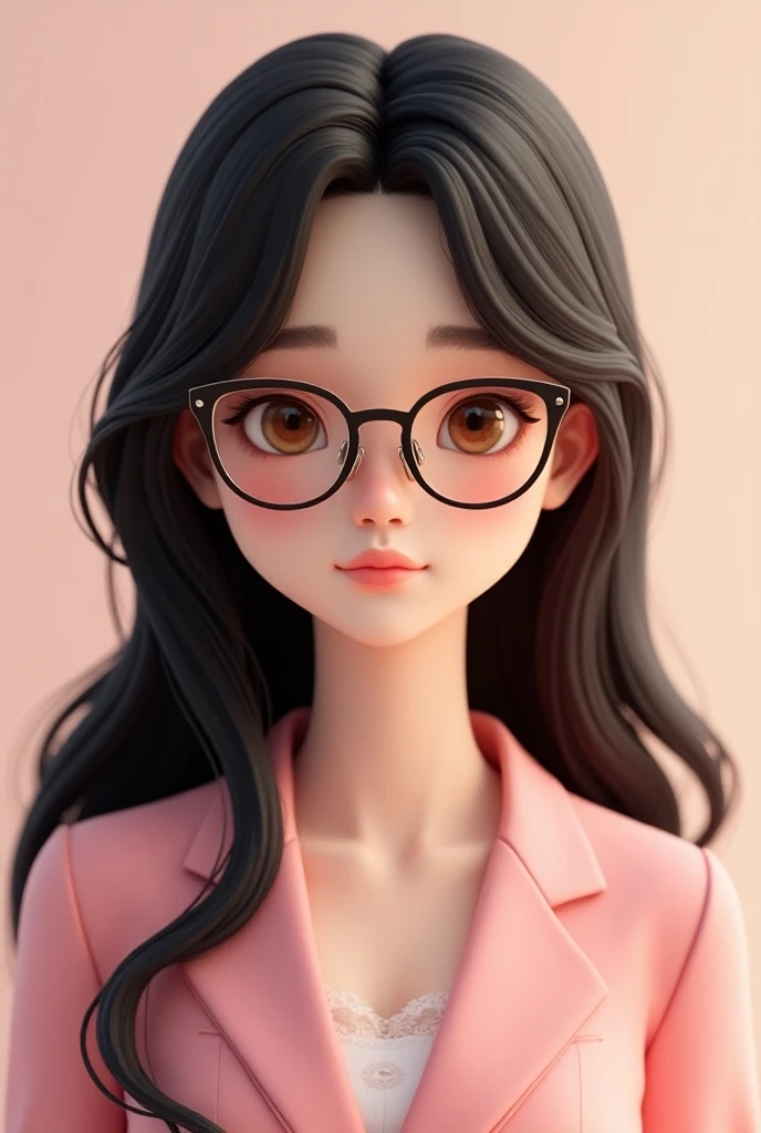 3D girl  ,  with eyeglasses ,  brown eyes ,  in pink clothes , with long black hair 
