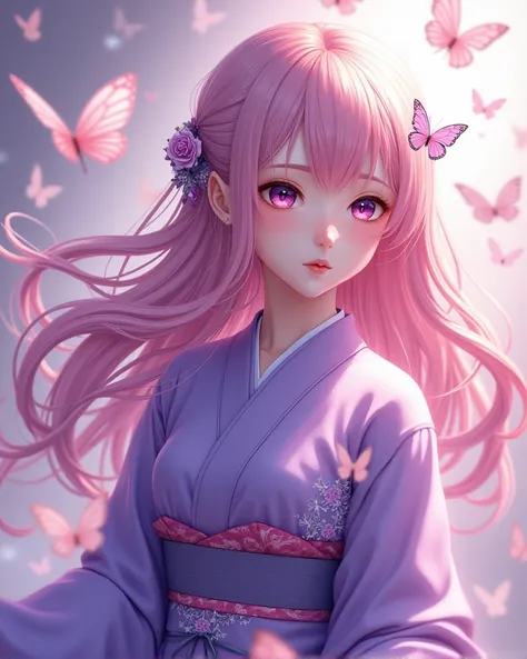 Long pink hair ，Clear purple eyes ， A girl in a purple kimono with butterflies