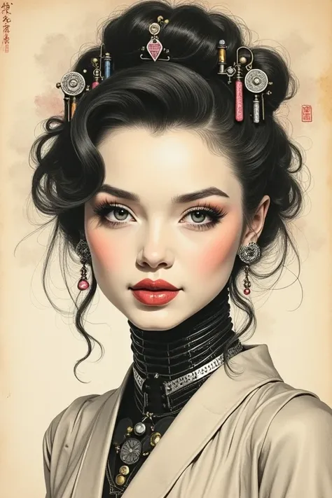 Ink Painting、Old paper texture、Damaged Paper、Old style、Faded color、Thick Fog、composition、Golden Ratio、Functional、grace、 detail、background、Soft colors、Blurred Lines、Marilyn Monroe as a cyborg oiran, her face in close-up, fully forward-facing. Her delicate, ...