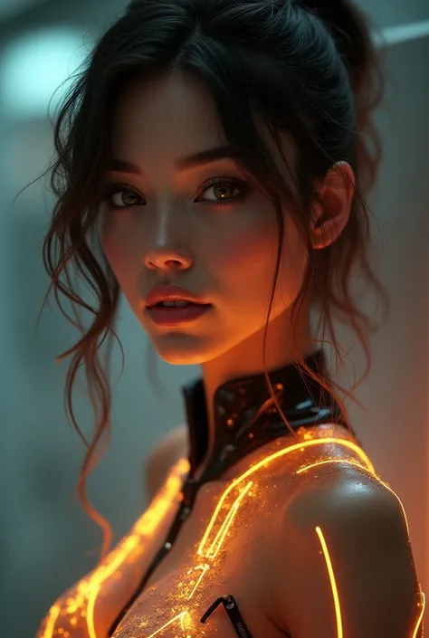 A photorealistic digital portrait of an incredibly beautiful glowing cyborg with gorgeous tresses, mesmerizing eyes, beautiful smile, and a perfect body, crafted in the style of Daniel Simon. Every detail is meticulously rendered, capturing the futuristic ...