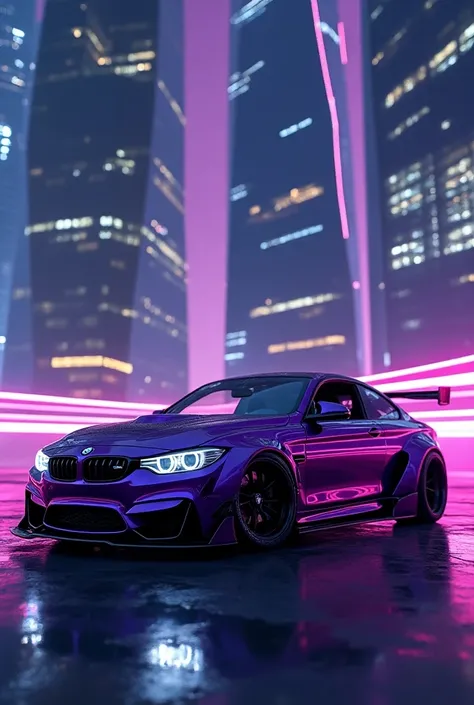 Purple Bmw m4 liberty walk in skyscraper with neon lights