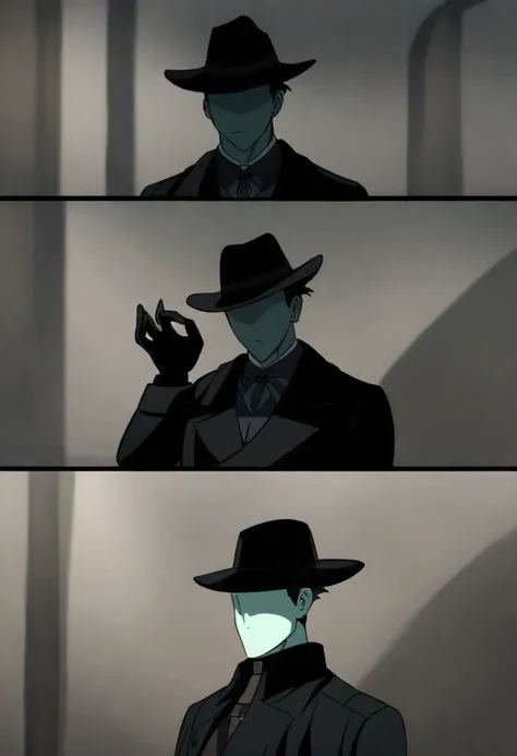 Create still a man with black trench coat ,  black gloves and a black hat that has light green skin and that has no face,Making a gesture as if he were asking the spectator something . Anime cartoon style 