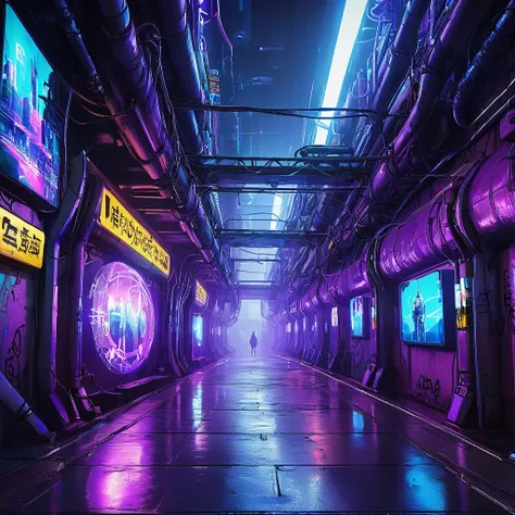 Underground World,  cyberpunk underground city ,
Neon Light、 dark colored buildings 、 countless cables 、Steam pipe、Graffiti,
Metal walkways 、Holographic Advertising、Inorganic atmosphere、 blue and purple lights ,
Android、cyborg、 Futuristic transportation sy...