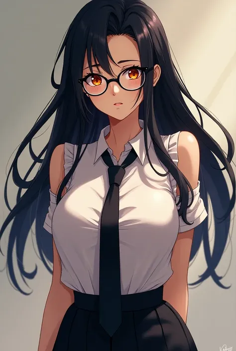 Young woman in skirt long black hair orange eye wearing glass and tie big boobs in anime 