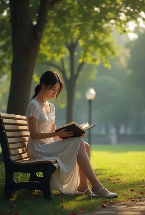 Tatiana sitting on bench, reading book, park