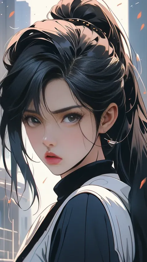 A close-up view of a semi-realistic anime-style woman with long, sleek black hair styled in a high ponytail. Aged 21. She has a sharp, warm tan, symmetrical face with a defined jawline that highlights her serious and determined expression.upturned almond-s...