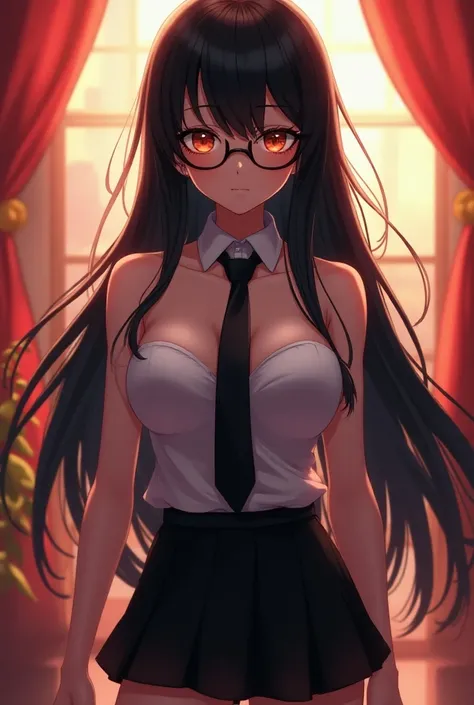 Young woman in skirt long black hair orange eye wearing glass and tie big boobs in anime more big boobs 