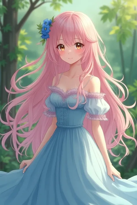 A Victorian woman, anime style with long light pink hair and brown eyes, 

In a long blue dress decorated with pink, it reflects the beauty of her hair. Her hair is decorated with a few blue flowers