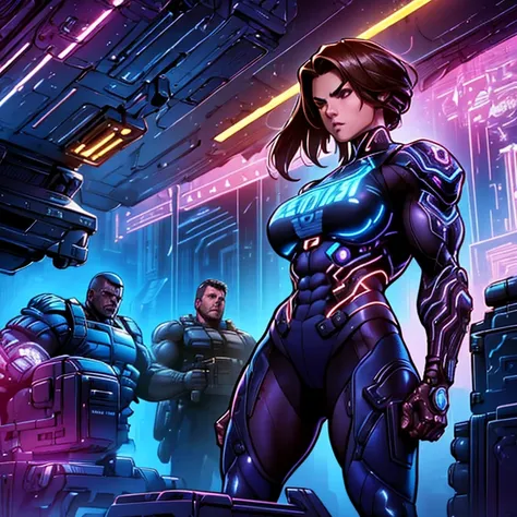 A dynamic digital painting in the style of Greg Land and Artgerm, depicting two powerful women in a merged composition. In the foreground, an extremely muscular woman with cybernetic hands stands in a commanding pose within a cluttered garage workshop. Her...