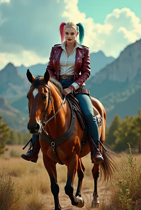  Beautiful Margot Robbie as Harley Quinn straight hair half pink half blue cowboy girl in Texas,  1girl, holds a hunting rifle ,  extra large chest detailed portrait , cowboy hat,  white shirt top buttons unbutton , leather jacket, jeans, Cowboy boots,  ou...