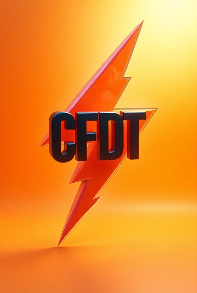 A lightning bolt on an orange white background write CFDT in uppercase on the inside in black in 3D