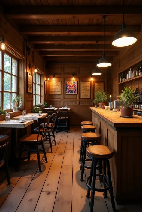 An Old Filipino Cuisine giving a great interior with a touch of wooden materials including the floor, tables and chair, old window, old doors, and a wooden plates. Showing also the front desk menu with Filipino display foods