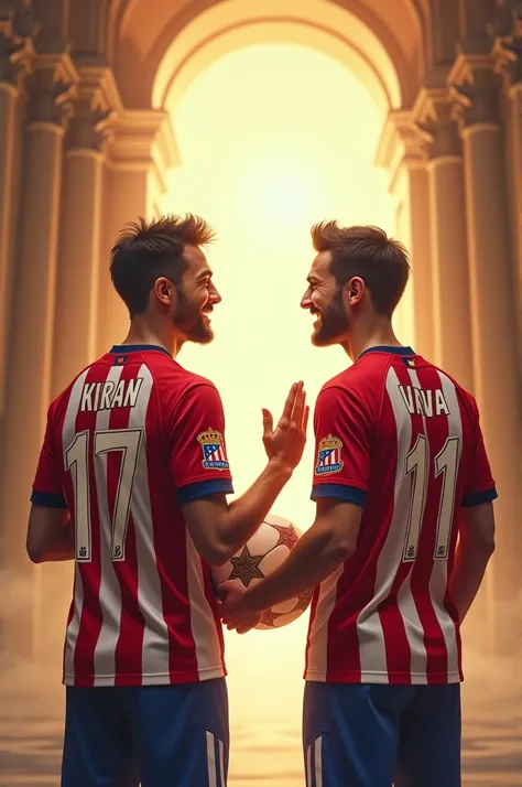 Two males wearing atletico Madrid football jersey one person jersey number is seventeen on back side top of it his name written in bold letters “KIRAN” and other one’s jersey number is eleven top of it his name is written on back top of the number as “VAVA...