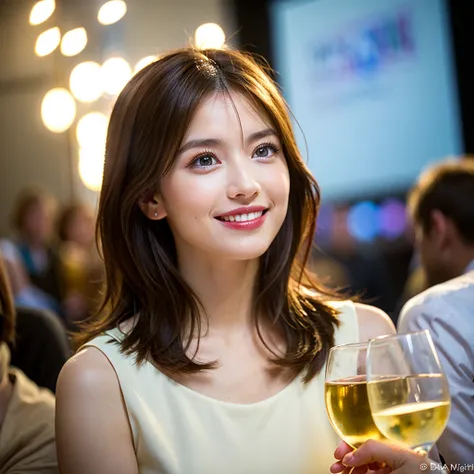 ((White Wine)),((Wine Glasses)),(Realistic, 超Realistic:1.4), 16K HDR,  High Resolution ,((White Wine)),((Wine Glasses)),Happy smile、short hair,The best smile、Japanese actress,so beautiful(It looks like the real thing),dress、Slim couple、Model Couple、(Realis...