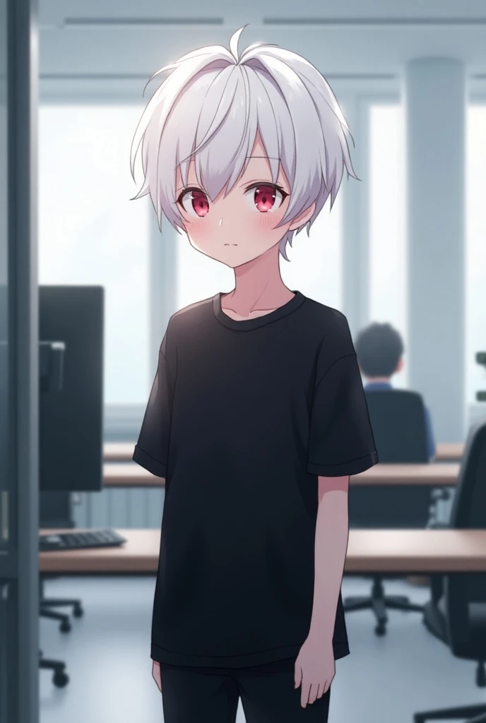 Anime Male Character  innocent black shirt black pant White hair Pink eyes in office 