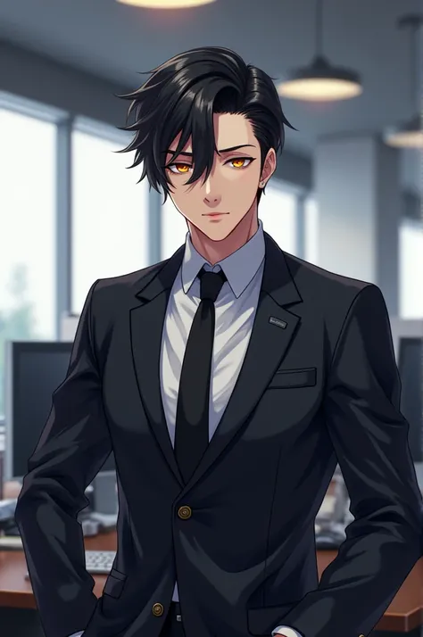 Anime Male Character Business Man Black hair Golden red Eyes in office 