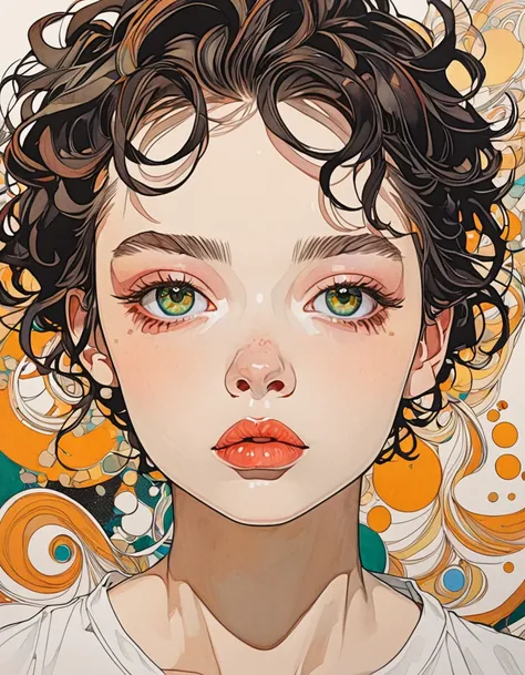 Super detailed, with the highest quality, (abstract mixed media art of manga and Egon Schieles drawings), (delicate and precise contours), coloring with acrylic paints, halftone color, beautiful portrait of one girl with relaxed look, soft medium hair, hea...