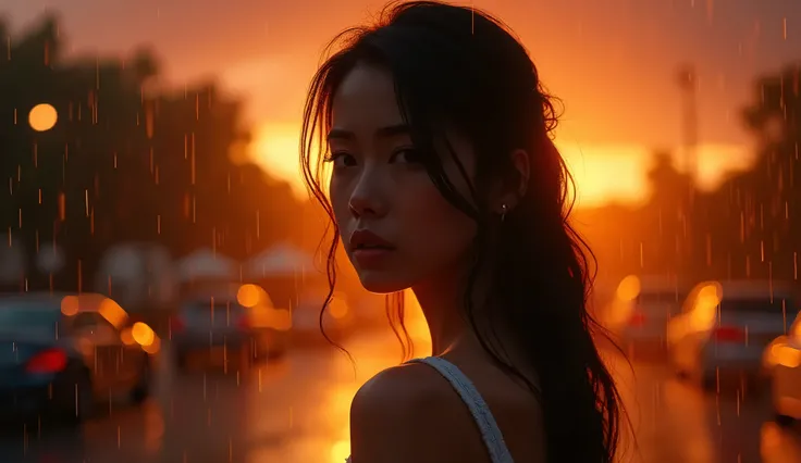 a 22 year old girl, beautiful detailed eyes, beautiful detailed lips, extremely detailed eyes and face, long eyelashes, waiting for her boyfriend, heavy rain at sunset, moody, cinematic, dramatic lighting, warm colors, reflections, photorealistic, 8k, high...