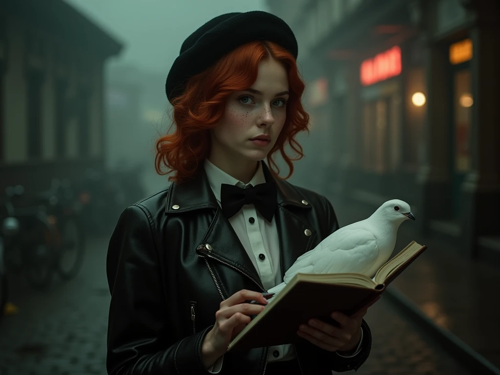 a red-haired girl of 30 years old, freckled, appraising look, a white magpie and a leather jacket, a bow tie, a beret. I have a notebook and a pencil in my hands. dark night, smog, poor lighting. Atmosphere: noir. Art Nouveau design of the 1930s. Style: pr...