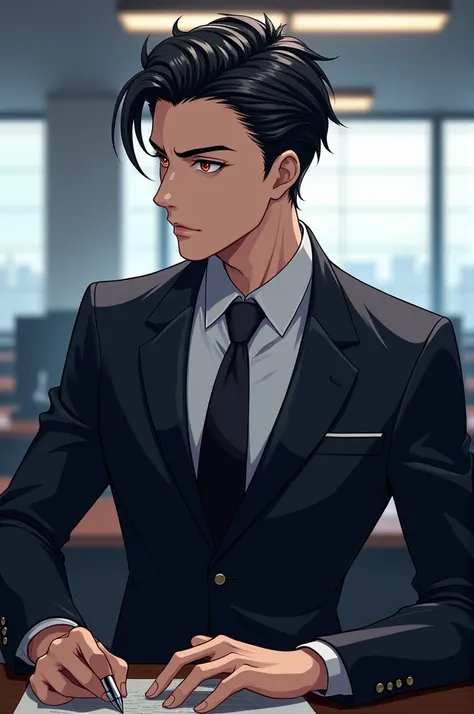 Anime Male Character Business Man Black hair Golden red Eyes in office 