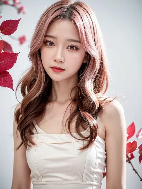 Light pink hair, pink eyes, pink and white, sakura leafs, vivid colors, white dress, paint splash, simple background, ray tracing, wavy hair