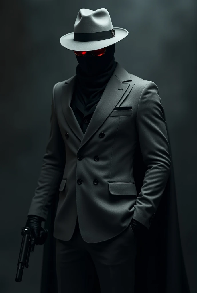 Man with a grey fedora hat, face and neck covered in a black vail, wearing red lens grey cup welder goggles, wearing a 5 button grey double-breasted suit no pockets, wearing a small superhero grey cape, wearing grey suit pants, wearing black dress leather ...