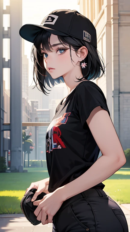 masterpiece,Best Quality,Ultra-detailed,Complex,Detailed face,Detailed eyes, beautiful eyes, 1 girl, cowboy shot,beautiful woman of 20 years old、Black Hair, medium bob hair、(Earrings, Baseball cap, Black T-shirt, Cargo shorts,),standing,front,(bloom,  dept...