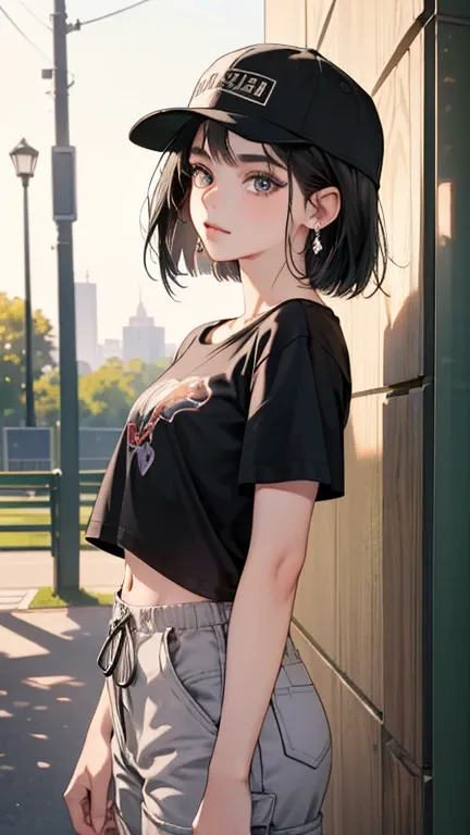 masterpiece,Best Quality,Ultra-detailed,Complex,Detailed face,Detailed eyes, beautiful eyes, 1 girl, cowboy shot,beautiful woman of 20 years old、Black Hair, medium bob hair、(Earrings, Baseball cap, Black T-shirt, Cargo shorts,),standing,front,(bloom,  dept...